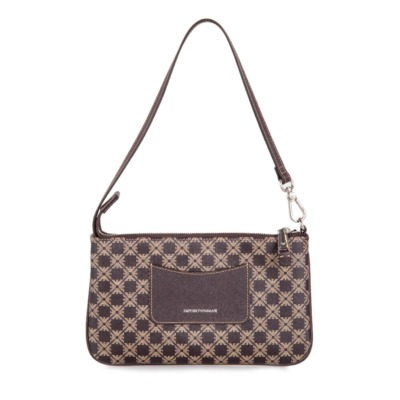 Γυναικεία τσάντα ώμου του οίκου Emporio Armani σε καφέ χρώμα με μπεζ μοτίβο. Κλείνει με φερμουάρ και διαθέτει μία κύρια ενιαία θέση.
