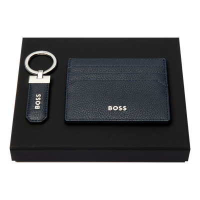 HUGO BOSS ΣΕΤ ΔΕΡΜΑΤΙΝΗ ΚΑΡΤΟΘΗΚΗ ΚΑΙ ΜΠΡΕΛΟΚ CLASSIC GRAINED ΣΚΟΥΡΟ ΜΠΛΕ